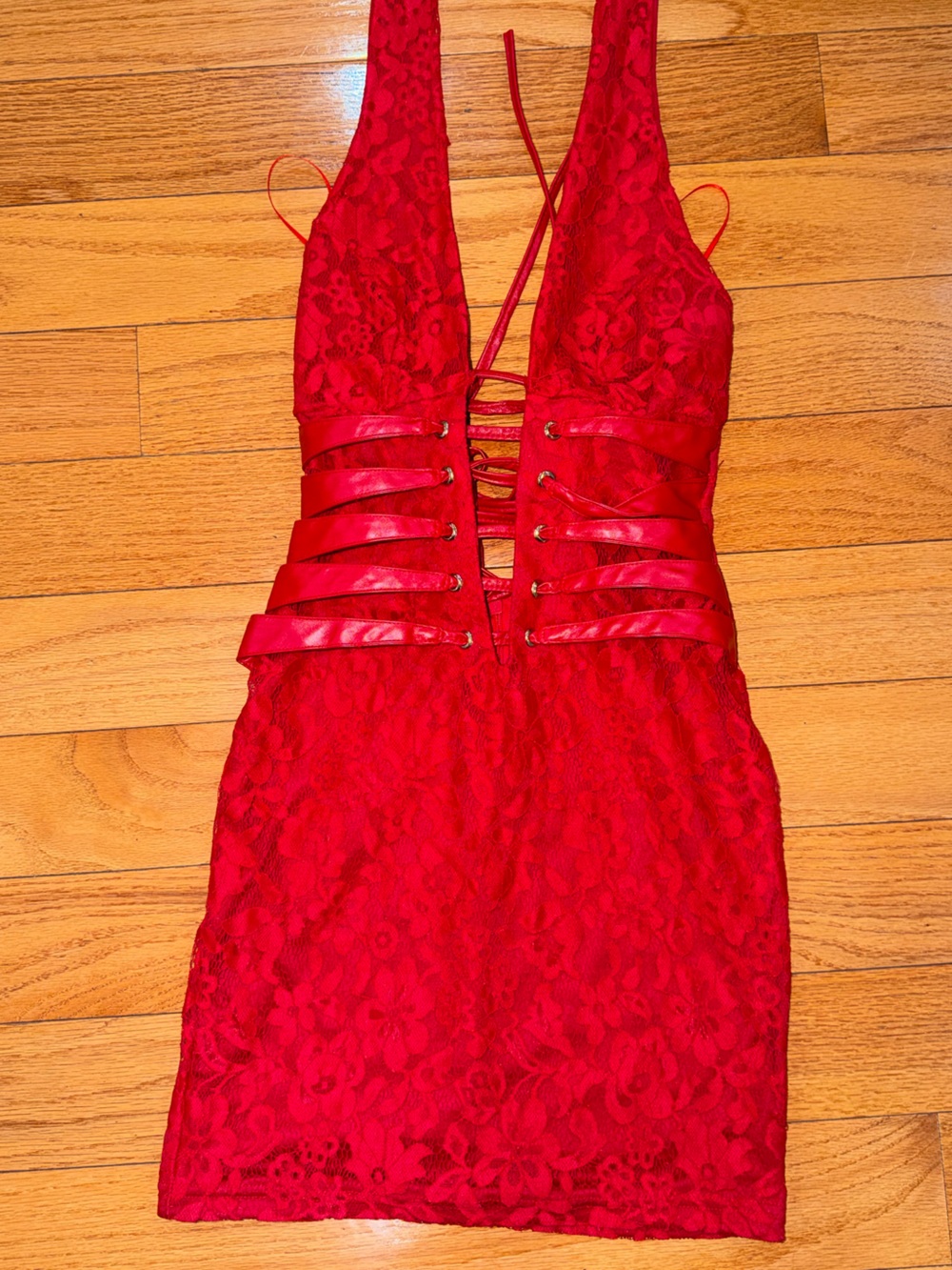 Fashion Nova Deep Red Plunge Lace Bodycon Mini Dress